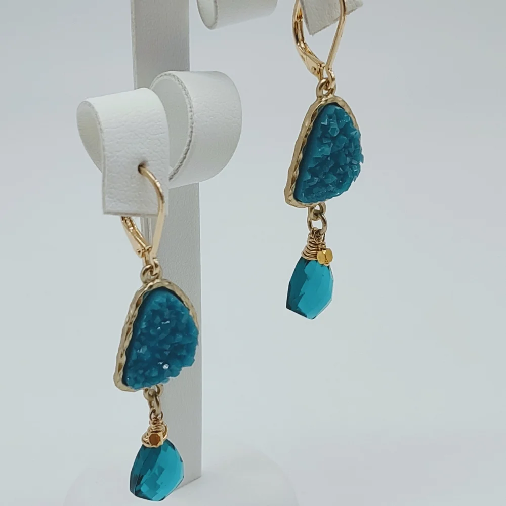 Sterling Silver Vermeil Teal Quartz Drop Earrings - Picture 10 of 10